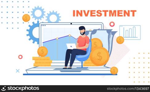 Financial Investment Metaphor Flat Cartoon Banner. Freelancer, Employee or Manager Sitting on Chair and Typing on Keyboard over Huge Laptop. Vector Illustration with Gold Coins and Gears. Financial Investment Metaphor Flat Cartoon Banner