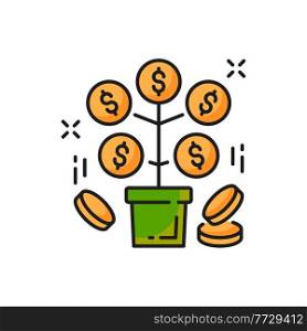 Financial investments and savings, money tree color line icon. Vector pension and retirement revenue. Branches with golden coins, growing up financial plant with dollar signs. Wealth and abundance. Money tree with golden coins isolated line icon