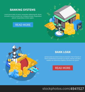 Financial Isometric Icons Banners Set. Banking systems and loan financial isometric icons webpage banners with read more button diagrams money scales coins bank symbols vector illustration