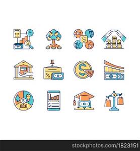 Financial literacy RGB color icons set. Compare prices. Plan budget. Money management. Understanding finance and economy. Isolated vector illustrations. Simple filled line drawings collection. Financial literacy RGB color icons set