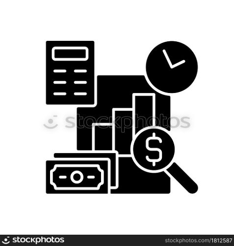 Financial management black glyph icon. Planning business budget. Financial literacy. Company audit. Understanding finance and economy. Silhouette symbol on white space. Vector isolated illustration. Financial management black glyph icon