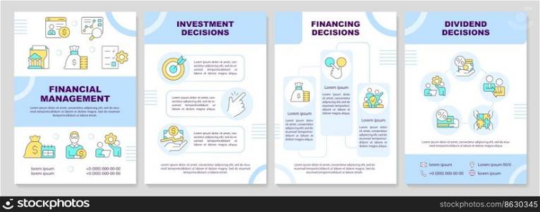 Financial management blue rochure template. Leaflet design with linear icons. Editable 4 vector layouts for presentation, annual reports. Arial-Black, Myriad Pro-Regular fonts used. Financial management blue rochure template
