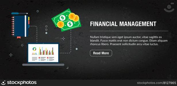 Financial management concept banner internet with icons in vector. Web banner template for website, banner internet for mobile design and social media app.Business and communication layout with icons.