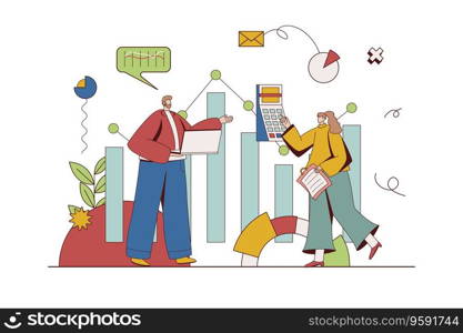 Financial management concept with character situation in flat design. Man and woman calculating and accounting of company budget, working with data. Vector illustration with people scene for web