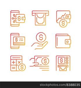 Financial management pixel perfect gradient linear vector icons set. Withdrawing cash from ATM. Investment growth. Thin line contour symbol designs bundle. Isolated outline illustrations collection. Financial management pixel perfect gradient linear vector icons set