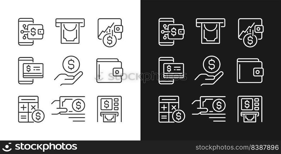 Financial management pixel perfect linear icons set for dark, light mode. Withdrawing cash from ATM. Investment growth. Thin line symbols for night, day theme. Isolated illustrations. Editable stroke. Financial management pixel perfect linear icons set for dark, light mode