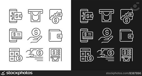 Financial management pixel perfect linear icons set for dark, light mode. Withdrawing cash from ATM. Investment growth. Thin line symbols for night, day theme. Isolated illustrations. Editable stroke. Financial management pixel perfect linear icons set for dark, light mode
