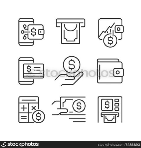 Financial management pixel perfect linear icons set. Withdrawing cash from ATM. Investment growth. Customizable thin line symbols. Isolated vector outline illustrations. Editable stroke. Financial management pixel perfect linear icons set