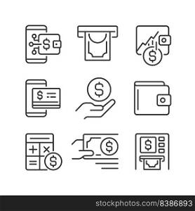 Financial management pixel perfect linear icons set. Withdrawing cash from ATM. Investment growth. Customizable thin line symbols. Isolated vector outline illustrations. Editable stroke. Financial management pixel perfect linear icons set