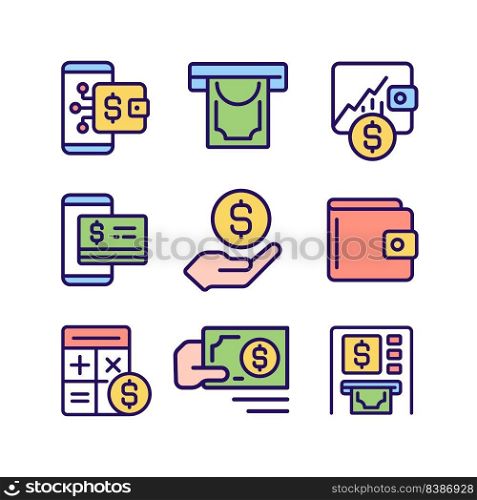Financial management pixel perfect RGB color icons set. Withdrawing cash from ATM. Investment growth. Isolated vector illustrations. Simple filled line drawings collection. Editable stroke. Financial management pixel perfect RGB color icons set