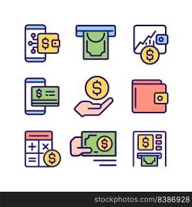 Financial management pixel perfect RGB color icons set. Withdrawing cash from ATM. Investment growth. Isolated vector illustrations. Simple filled line drawings collection. Editable stroke. Financial management pixel perfect RGB color icons set