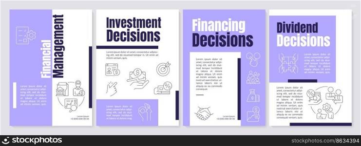 Financial management purple rochure template. Company capital. Leaflet design with linear icons. Editable 4 vector layouts for presentation, annual reports. Anton, Lato-Regular fonts used. Financial management purple rochure template
