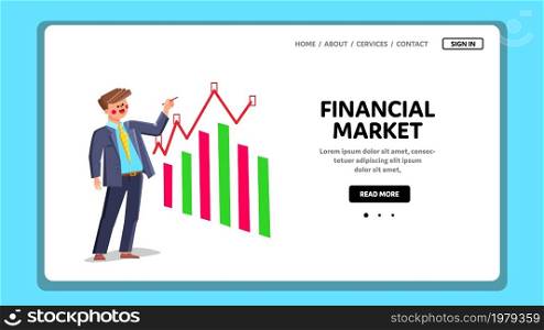 financial market business chart. financial graph analysis man. risk consulting report. economy budget research. data advisor. vector web Flat Cartoon Illustration. financial market graph man vector
