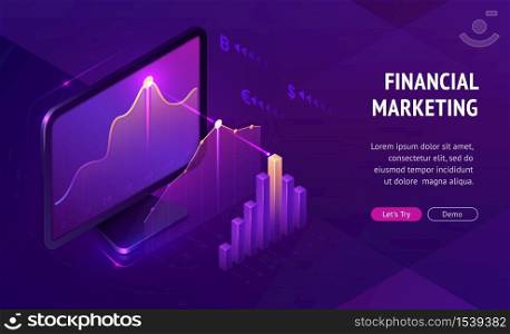 Financial marketing isometric landing page. Digital business, online trading and investment, automation technology, SEO optimization. Computer desktop with analytics data charts, 3d vector web banner. Financial marketing isometric landing page banner