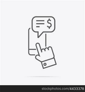 Financial Message on Phone Linear Icon. Financial message on phone linear icon. Business mobile communication with telephone and internet connection. Financial text note and hand using screen. Line icon speech bubble. Vector illustration