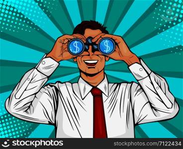 Financial monitoring of currency dollar businessman binoculars. Surprised man with open mouth. Colorful vector background in pop art retro comic style.
