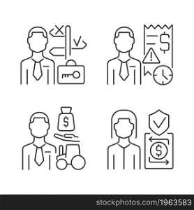Financial occupation linear icons set. Finance institutions workers. Trust assistance. Debt collectors. Customizable thin line contour symbols. Isolated vector outline illustrations. Editable stroke. Financial occupation linear icons set