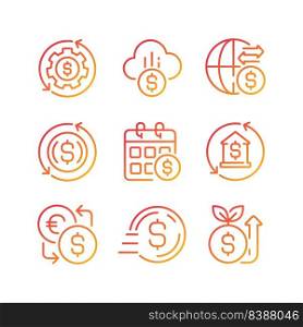 Financial operations pixel perfect gradient linear vector icons set. Money management. International transfers. Thin line contour symbol designs bundle. Isolated outline illustrations collection. Financial operations pixel perfect gradient linear vector icons set