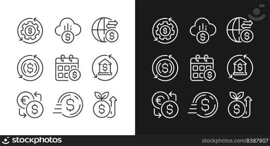 Financial operations pixel perfect linear icons set for dark, light mode. Money management. International transfer. Thin line symbols for night, day theme. Isolated illustrations. Editable stroke. Financial operations pixel perfect linear icons set for dark, light mode