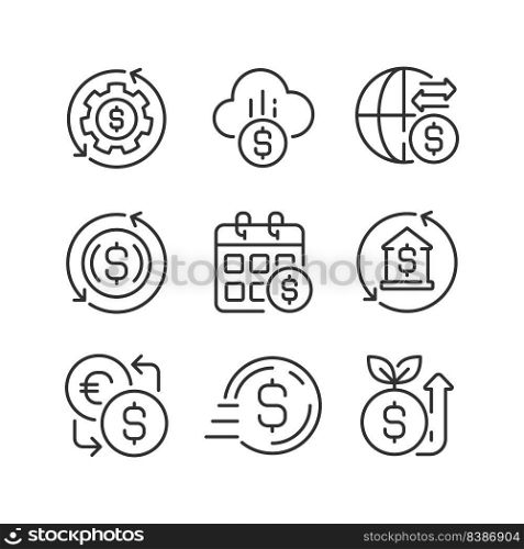 Financial operations pixel perfect linear icons set. Money management. International transfer. Currency exchange. Customizable thin line symbols. Isolated vector outline illustrations. Editable stroke. Financial operations pixel perfect linear icons set