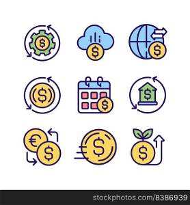 Financial operations pixel perfect RGB color icons set. Money management. International transfers. Isolated vector illustrations. Simple filled line drawings collection. Editable stroke. Financial operations pixel perfect RGB color icons set