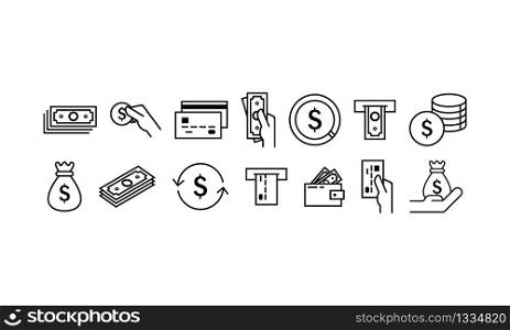 Financial operations with cash credit cards and ATMs icons set isolated on white background. Vector EPS 10
