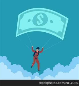 Financial parachute. Money allowance. Investment protection and insurance. Man skydiving and safety falling down. Person flying in sky. Protect deposits and income in economic crisis. Vector concept. Financial parachute. Money allowance. Investment protection and insurance. Man skydiving and falling down. Person flying in sky. Protect deposits and income in crisis. Vector concept