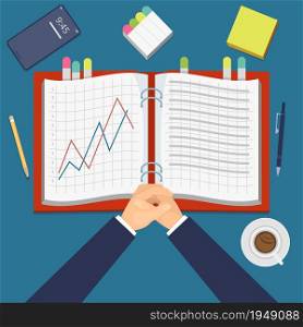 Financial performance. Work diary with graphs top view, investment project. Businessman at work vector illustration. Table work with coffee and book chart financial. Financial performance. Work diary with graphs top view, investment project. Businessman at work vector illustration