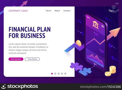 Financial plan isometric landing page. Mobile phone application with growing bonds investment graphic or chart. Business marketing company strategy and planning, finance analytic, 3d vector web banner. Financial plan strategy isometric landing page