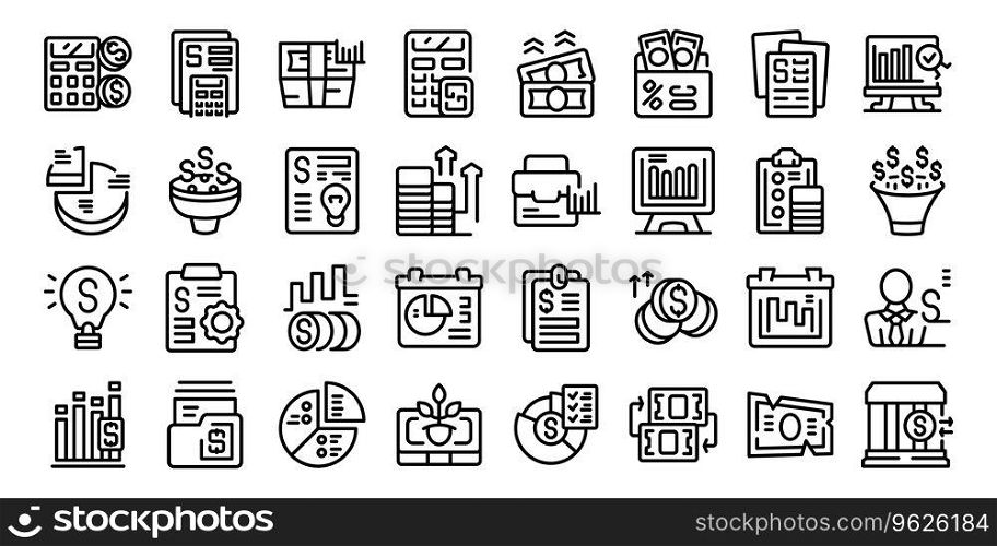 Financial planner icons set outline vector. Money account. Business budget. Financial planner icons set outline vector. Money account