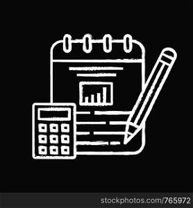 Financial planning chalk icon. Budgeting. Funding and financing. Financial accounting and bookkeeping. Cost calculation. Calculator, notepad and pencil. Isolated vector chalkboard illustration. Financial planning chalk icon
