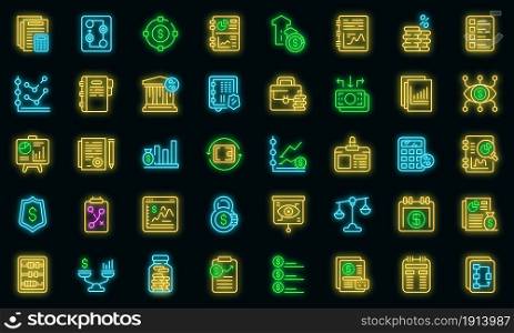 Financial planning icons set. Outline set of financial planning vector icons neon color on black. Financial planning icons set vector neon