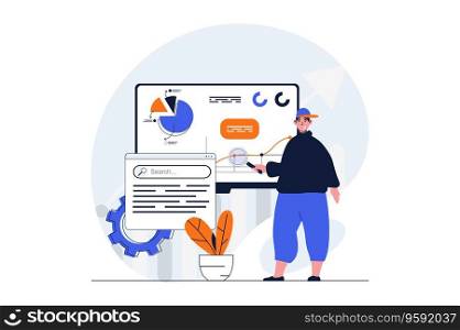 Financial planning web concept with character scene. Man making report presentation with accounting budget. People situation in flat design. Vector illustration for social media marketing material.