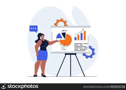 Financial planning web concept with character scene. Woman analyzing statistics and making presentation. People situation in flat design. Vector illustration for social media marketing material.