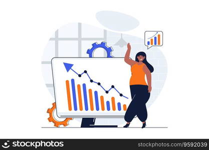 Financial planning web concept with character scene. Woman analyzing statistics data and increases income. People situation in flat design. Vector illustration for social media marketing material.