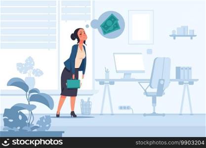 Financial problem. Cartoon unhappy woman thinking about money. Anxious tired female with economic troubles. Depressed businesswoman in office, startup failure and bankruptcy. Vector flat illustration. Financial problem. Cartoon unhappy woman thinking about money. Tired female with economic troubles. Depressed businesswoman in office, startup failure and bankruptcy. Vector illustration