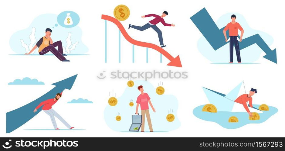 Financial problems. Depressed man with unpaid loan debt, economic crisis, business bankruptcy, company startup collapse, people and falling arrow. Money problem concept vector flat characters set. Financial problems. Depressed man with unpaid loan debt, economic crisis, business bankruptcy, startup collapse, people and falling arrow. Money problem vector flat cartoon characters set