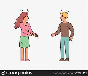 Financial problems in family. Woman indignant at husband small salary. Conflict situation of a married couple. Colorful Line Characters People. Flat design style minimal vector illustration.. Financial problems in family. Characters People