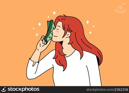 Financial profit and salary concept. Young smiling woman standing touching face with heap of green cash money feeling enjoyment vector illustration . Financial profit and salary concept.
