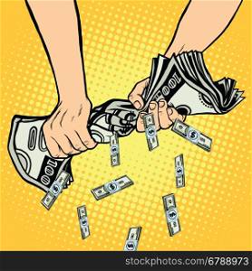 Financial profit, hands squeeze out of the money dollars, pop art retro vector illustration
