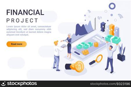 Financial project landing page vector template with isometric illustration. Company budget management homepage interface layout with isometry. Corporate economic strategy 3d webpage design