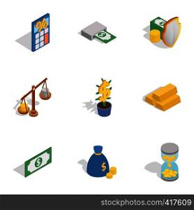 Financial related icons set. Isometric 3d illustration of 9 financial related vector icons for web. Financial related icons, isometric 3d style