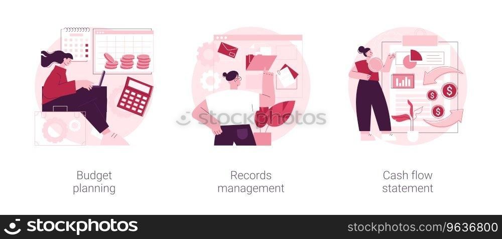 Financial report abstract concept vector illustration set. Budget planning, records management, cash flow statement, money spending, document tracking, balance sheet, company debt abstract metaphor.. Financial report abstract concept vector illustrations.