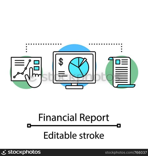 Financial report concept icon. Stock market analysis idea thin line illustration. Trade statistics. Customer segmentation and analysis. Vector isolated outline drawing. Editable stroke. Financial report concept icon