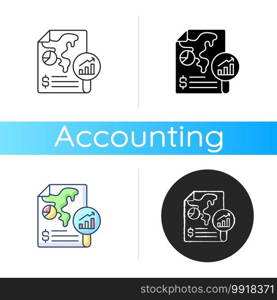 Financial report icon. Formal records of financial activities and transactions of business and companies. Linear black and RGB color styles. Isolated vector illustrations. Financial report icon