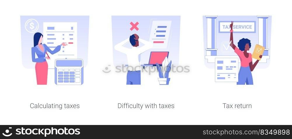 Financial report isolated concept vector illustration set. Calculating taxes, difficulty with corporate accounting, tax return, deduction paper, banking data, accountant manager vector cartoon.. Financial report isolated concept vector illustrations.
