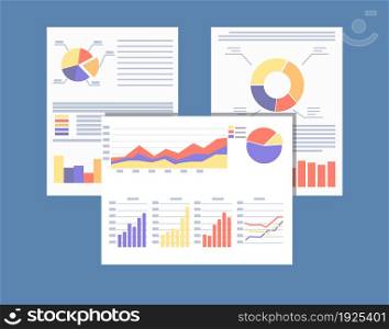 financial reports and documents with graphs, vector illustration in flat style. financial reports and documents.