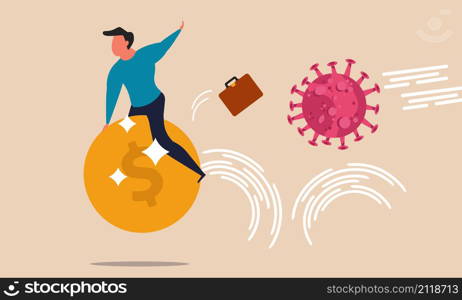 Financial risk money and man riding coin from coronavirus. Insurance problem safe and investment finance vector illustration concept. Fund control cash and people business economy investment dollar