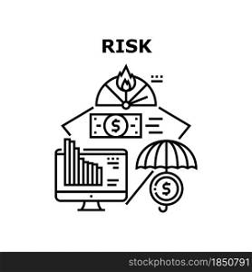 Financial Risk Vector Icon Concept. Financial Risk Of Falling Rate On Market Economy Problem. Finance Insurance And Money Protection, Economic Crisis And Bankruptcy Black Illustration. Financial Risk Vector Concept Black Illustration