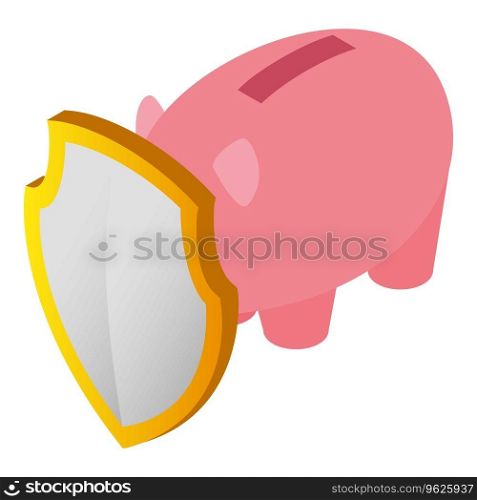 Financial saving icon isometric vector. Big pink piggy bank behind shield icon. Saving concept, finance. Financial saving icon isometric vector. Big pink piggy bank behind shield icon